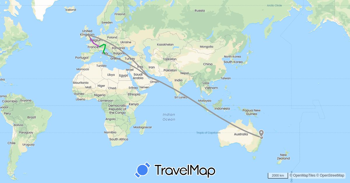 TravelMap itinerary: driving, bus, plane, train in Austria, Australia, Switzerland, Germany, France, United Kingdom, Italy, Qatar (Asia, Europe, Oceania)